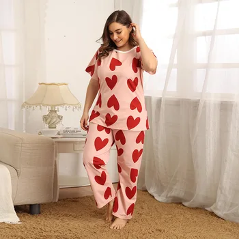 Moterų pižama komplektas plius dydis meilės spausdinimo raundo kaklo patogiai prarasti trumparankoviai kelnės dviejų dalių pajama nustatyti JJF0043