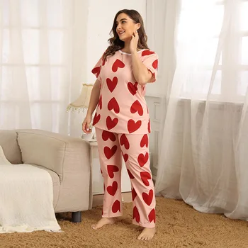 Moterų pižama komplektas plius dydis meilės spausdinimo raundo kaklo patogiai prarasti trumparankoviai kelnės dviejų dalių pajama nustatyti JJF0043