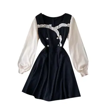 Moterų prancūzų Stiliaus Suknelė Rudenį Saldus Grybelio Kratinys Spalvos Siūlėmis Žibintų Rankovės Mini Retro Vestidos Moteriška Suknelė PL449