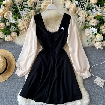Moterų prancūzų Stiliaus Suknelė Rudenį Saldus Grybelio Kratinys Spalvos Siūlėmis Žibintų Rankovės Mini Retro Vestidos Moteriška Suknelė PL449