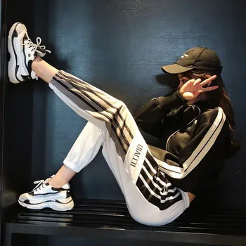 Moterų Prarasti Sweatpant Kelnes Harajuku Viduryje Juosmens Hip-Hop Kelnės Atsitiktinis Devynių Taškų Haremas Ziajać Elastinga Juosmens Sportinės Kelnės