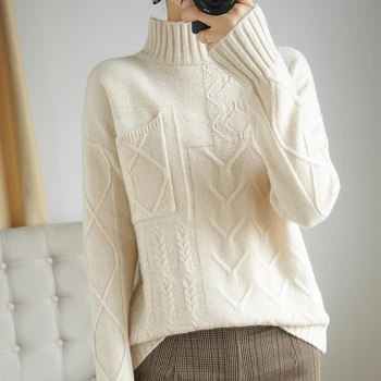 Moterų pusę aukšto kaklo megztinis su kišenėmis ilgomis rankovėmis kašmyro vilnos megztinis megztas dugno megztinis