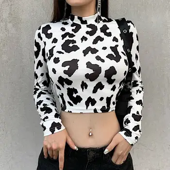 Moterų Rudenį Golfo Marškinėliai Atsitiktinis Juoda Balta Pieno Karvė Spausdinti Ilgomis Rankovėmis Viršūnes Bodycon Tinka Seksualus Pagrindinis Megztinis Streetwear