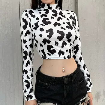 Moterų Rudenį Golfo Marškinėliai Atsitiktinis Juoda Balta Pieno Karvė Spausdinti Ilgomis Rankovėmis Viršūnes Bodycon Tinka Seksualus Pagrindinis Megztinis Streetwear