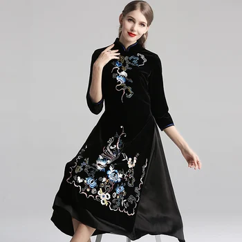 Moterų Rudenį Ilgai Aksomo Suknelė Cheongsam Rudenį Kinų Stiliaus Gėlių Aplikacija Stovėti Apykaklės Atsitiktinis Derliaus Midi Suknelė