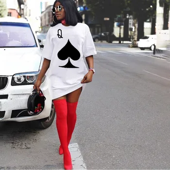 Moterų sexy šalis, T-marškinėliai, Suknelės Vasaros Mados Laukinių Atsitiktinis black queen Pokerio kortelės Modelis trumpomis Rankovėmis Apvalios Kaklo Midi Suknelė