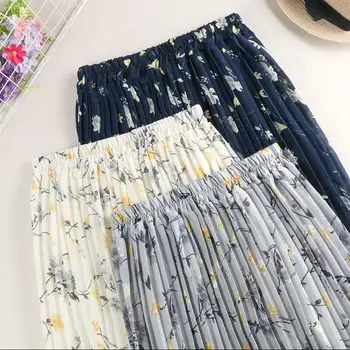 Moterų sijonai elastinga aukštos juosmens klostuotas sijonas elegantiškas gėlių spausdinti midi sijonas faldas mujer moda 2019 m. Vasarą Šifono Sijonas