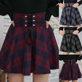 Moterų sijonas Mados saldus mergaičių Retro Pledas Spausdinti Sijonas Dirželis dizaino Trumpas Sijonas mini sijonas