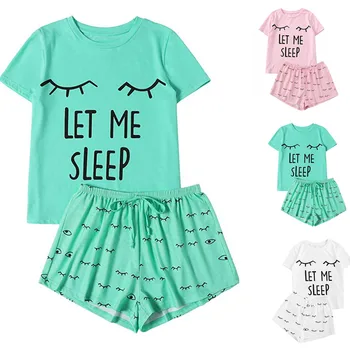 Moterų Spausdinti trumparankoviai imitacija medvilnės Sleepwear атласная пижама pižama moterims, apatinis Trikotažas mielas vasaros pižama set #3