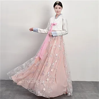 Moterų Tradicinis Korėjiečių Hanbok Suknelė Retro Išgalvotas Nėrinių Vestuvės Suknelė Royal Princess Elegantiškas Etninės Etape Liaudies Šokių Kostiumas