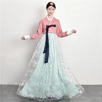 Moterų Tradicinis Korėjiečių Hanbok Suknelė Retro Išgalvotas Nėrinių Vestuvės Suknelė Royal Princess Elegantiškas Etninės Etape Liaudies Šokių Kostiumas