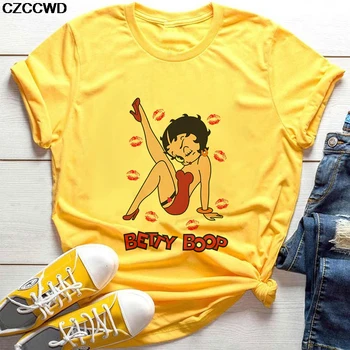 Moterų Vasaros Marškinėliai Mados 2020 Harajuku Betty BOOP moteriški marškinėliai Derliaus Estetinės Spausdinti Geltonos Viršūnės 