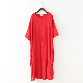 Moterų vasaros suknelė 2018 medvilnės, lino chalatas, femme prarasti didelis dydis batwing rankovės vestido retro marškinėliai suknelė raudonos spalvos lininė suknelė