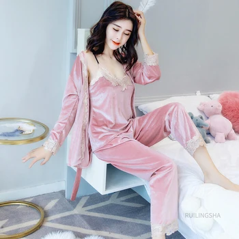 Moterų Žiemos Aukso Aksomo Pajama Komplektai Plius Dydžio Seksualus Kimone Sleepwear Nėriniai Siuvinėjimo 3 Gabalus Homewear Pijama Naktiniai Drabužiai Mados