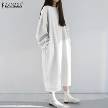 Moterų Žiemos Šiltų Megztinių Stilingas Purus Hoodies Suknelė ZANZEA 2021 Atsitiktinis Sluoksniuotos Rankovėmis Palaidinukė Vestidos Moterų, O Kaklo Skraiste