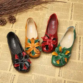 Motinystės butai moterims, natūralios odos batai moteriška gėlių dizainas odos butai paslysti ant mokasīni, guminiai batai