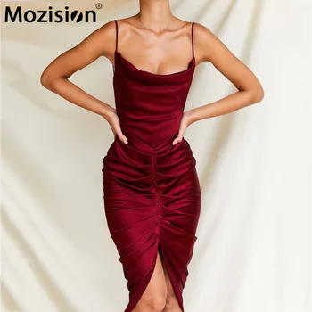 Mozision Satino Ruched Dress Moterų Kietas Rankovių Backless Suknelės 2020 M. Žiemos Nauja Seksuali Klubas Partywear Vestidos