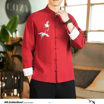 MrGoldenBowl Kinijos Krano Siuvinėjimo Vyrams Marškinėliai Rudenį Naujas Žmogus Atsitiktinis ilgomis Rankovėmis Palaidinė Plius Dydžio vyriški Viršūnes 2020 metų Vyras Marškinėliai