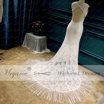 Mryarce 2019 Nauja Išskirtinė Tampri, Nėriniai Bohemijos Vestuvių Suknelė Boho Hipių Atvira Nugara Elegantiškos Vestuvinės Suknelės Su Kutai