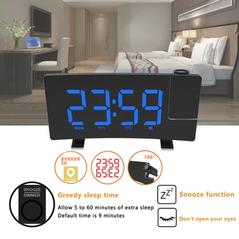 Mult-Stiliaus Projection Alarm Clock Skaitmeninis Lubų Ekrane, 180 Laipsnių Projektorius Dimeris Radijo Baterija Atsargine Sienos Laiko Projekcija