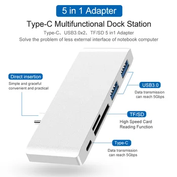 Multi 5-in-1 USB C Hub Nešiojamieji C Hub USB 3.0 SD TF Card Reader, USB, Adapterių, C Splitter 