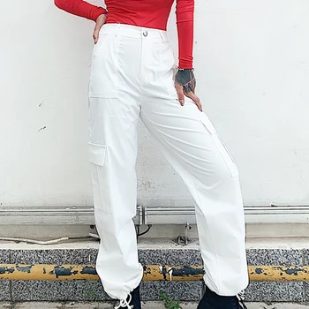 Mygtuką Kišenės Kratinys Krovinių Kelnės Moterims Streetwear Didelis Juosmens Kelnės Moterims Pieštuku Kelnes Poilsiu