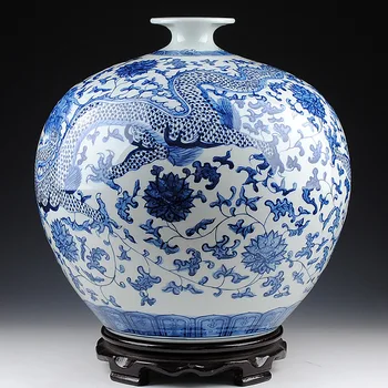 Mėlynos ir baltos spalvos porceliano vazos, rankomis dažyti drakonas, underglaze spalvos, didelis, granatų vaza, šiuolaikinių namų puošybai