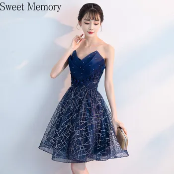 N118 Saldus Atminties Tamsiai Mėlyna Sparkle Trumpas Prom Dress Kelio Ilgis Oficialų Weddding Šalis Suknelės