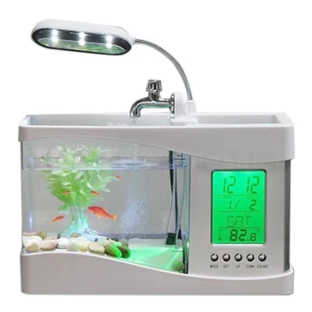 Namuose Akvariumą Mažų Žuvų Bakas USB LCD Desktop Lempos Šviesos diodų (LED Laikrodis Baltas