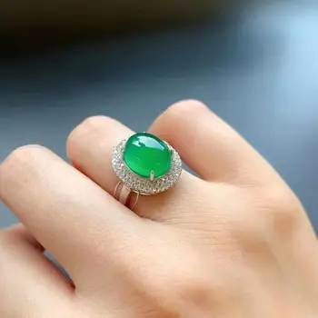 Natūralaus ledo žalia chalcedony atidarymo reguliuojamas žiedo Kinijos retro deimantų prabangus putojantis žavesio ponios sidabro papuošalai