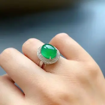 Natūralaus ledo žalia chalcedony atidarymo reguliuojamas žiedo Kinijos retro deimantų prabangus putojantis žavesio ponios sidabro papuošalai