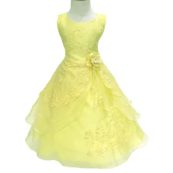 Nauja Mergina Suknelė su Hoopas Viduje Gėlių Aplikacija Šalis Vestuvių Bridesmaid Princesė Suknelės Oficialią Vaikų Drabužiai