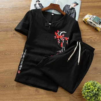 NAUJA vasaros lino nustatyti medvilnės vyrų T-shirt slim trumparankoviai vientisos spalvos atsitiktinis šortai M-5XL vyrų spausdinimo drabužius 2 vienetų komplektas