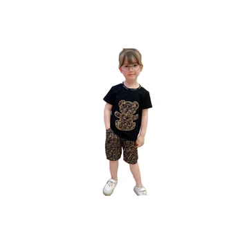 Nauja vasaros mados vaikai berniukų, mergaičių drabužiai raidžių cartoon stiliaus medvilniniai siuvinėjimo trumpas rankovės marškinėliai ir kelnės kombinezonas FS002