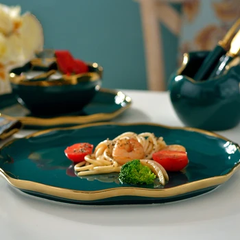 Nauja Žalia Keramika, Lenktas Krašto Aukso Ratlankio Plokštės Maisto Patiekalas Šiaurės Retro Stiliaus Porceliano Indai Dubenį Vakarienės Indai Indai