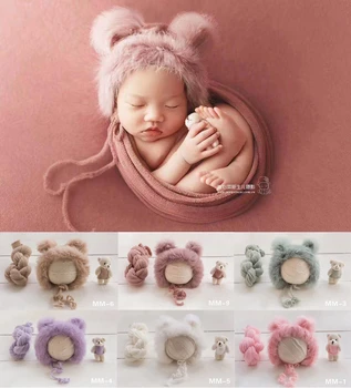 Naujagimio Fotografijos Rekvizitai Kūdikių Skrybėlę Ruožas Wrap Lokys Lėlės Rinkinys,Mezgimo Baby Bear Variklio Dangčio Studija, Fotografavimas ,#P2488