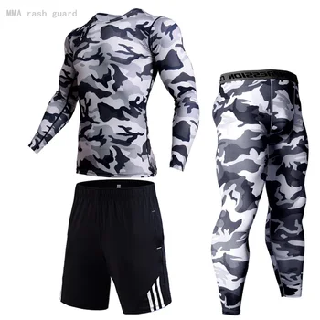 Naujas 3 dalių kostiumas Vyrams Kamufliažas tracksuit Karšto pardavimo Žiemos bėgiojimas kostiumas Suspaudimo triko MMA marškinėliai Quick dry rashgard