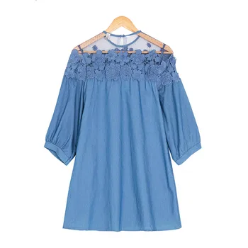 Naujas atvykimo 2020 m. vasarą moterys džinsinio audinio suknelės nėriniai granulių kratinys suknelė prarasti plius dydis džinsai, suknelės, O kaklo-Line 0711 30