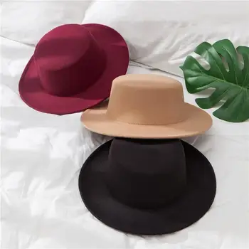 Naujas Klasikinis vientisos Spalvos Veltinio Fedoras Vyrams, Moterims, Dirbtinės Vilnos Mišinys Džiazo Bžūp Platus Kraštų Paprasta Bažnyčia Derby Flat Top Hat