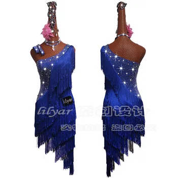 Naujas Lotynų Šokių Suknelė Lotynų Sijonas Konkurencijos Dress Kostiumai, Atliekanti Suknelė Blizgančių Cirkonio Royal Blue Kutas Skirtes Padarė