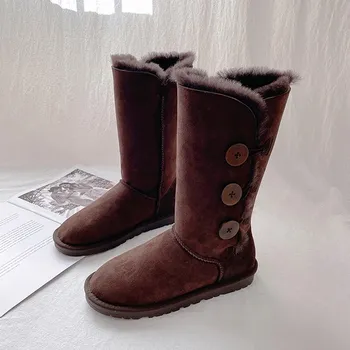 Naujas mados mygtuką formos avikailis odos sniego batai natūralaus kailio, žieminiai batai neperšlampami šiltas, storos vilnos batai vaikams