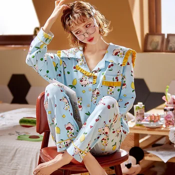 Naujas medvilnės Sleepwear Lounge Pižama Moterims, 2 nustatyti Gabalas Pijamas moterų naktiniai drabužiai ilgomis Rankovėmis Pižamos pavasario Namų Drabužiai