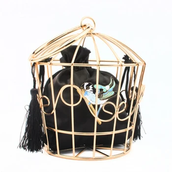 Naujas moterų paukštis narve vakarą sankabos krepšys metalo sienos siuvinėjimo kibirą paukštis narve mini krepšys ponios aukso rankinės podiumo paketas