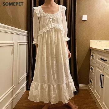 Naujas Moterų Suknelė Baltos spalvos Nėrinių Kvadratinių Kaklo Princesė Sleepshirts Derliaus Ponios Nightgowns Nightdress Mielas Lounge Sleepwear