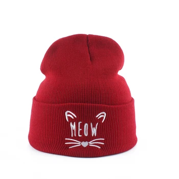 Naujas Siuvinėjimo Miau Katė Žiemos Skrybėlę Moterų Kepuraitė Kepurės Atsitiktinis Beanies Vyrų Šiltas Hip-Hop Skullies Variklio Dangčio Megzta Kepurė