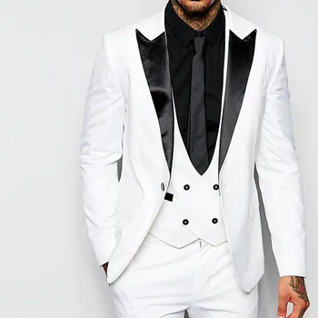 Naujas Stilius Groomsmen vyrų kostiumas Piko Juoda Atvartas Jaunikis Tuxedos Balta/Raudona Vyrų Kostiumai, Vestuvių Geriausią Vyro Švarkas (Striukė+Kelnės+Kaklaraištis+Liemene)