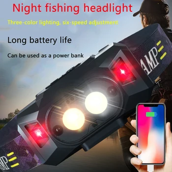 Naujas Super Šviesus Trijų spalvų Šešių greičių LED Jutiklis priekinių Žibintų Naktį Žvejybos Žibintai Lauko Stiprios Šviesos Įkraunamas Žibintas
