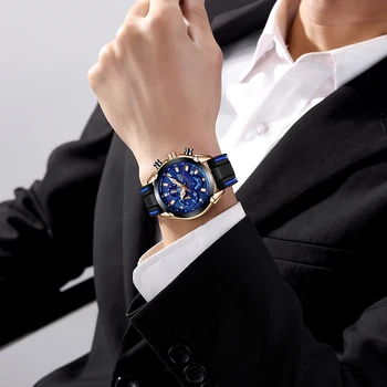 Naujas Vyrai Laikrodžiai LIGE Unikalų Mados Dizaino Ciferblatas Kvarcinis Laikrodis Odinis Dirželis Žiūrėti Ekranas Data ir Savaitės Laikrodis Mėlyna Reloj