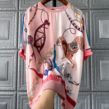 Naujas šilko marškinėliai moteriški trumpas rankovės mulberry šilko sunkiųjų užsienio mados stilius, spausdinta šilko viršų