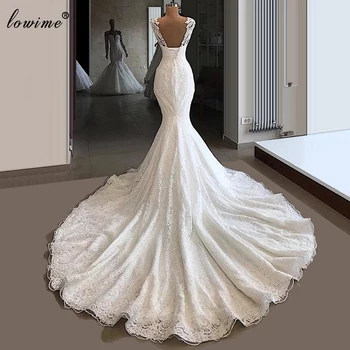 Naujoji Turkijos Balta Nėrinių Vestuvių Suknelės 2020 Undinė Perlų Vestuvių Suknelės V-Kaklo Nėrinių Vestido De Noiva Derliaus Vestuvinės Suknelės